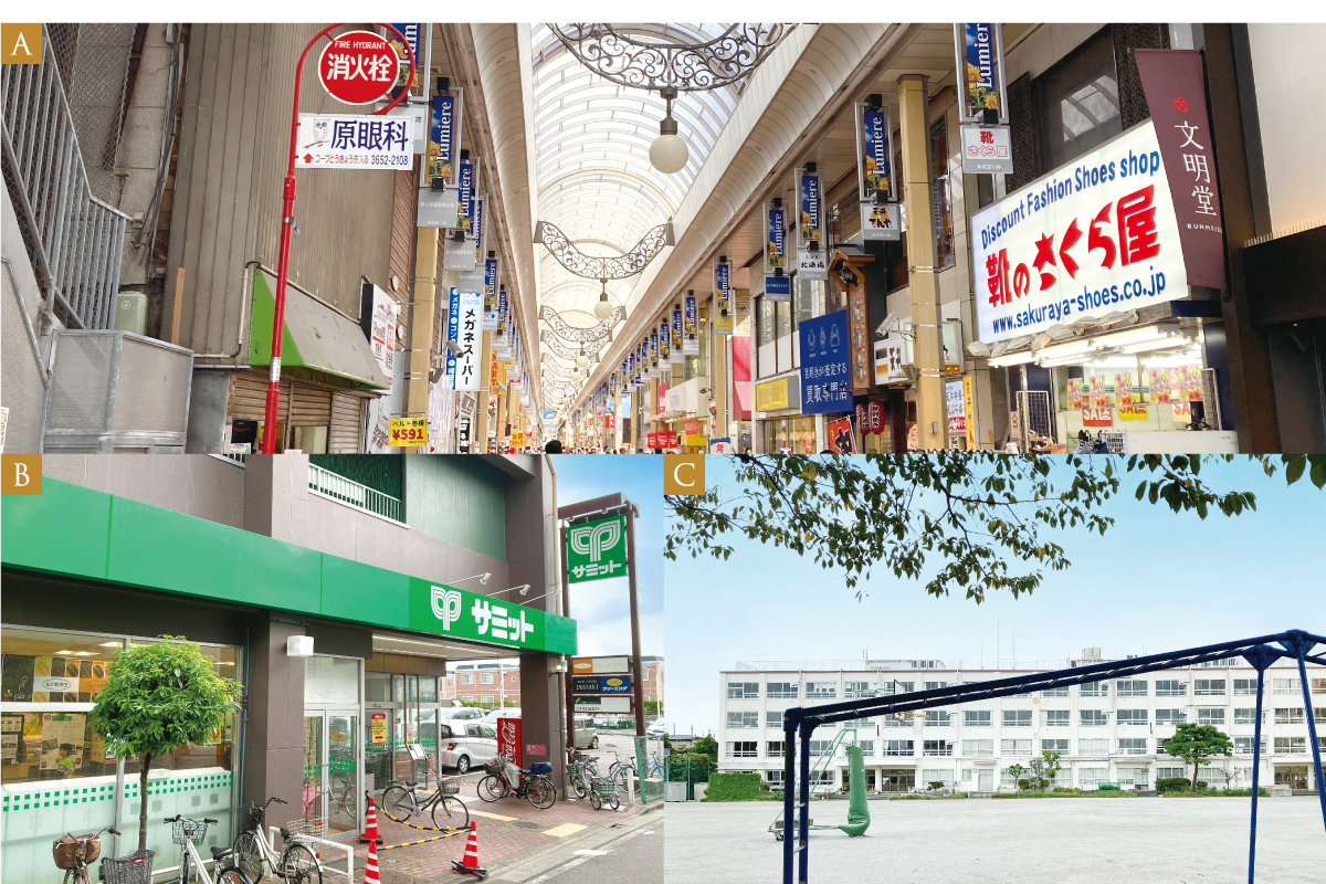 A.新小岩ルミエール商店街/1,930m、B.サミットストア本一色店/280m、C.上一色南小学校/660m