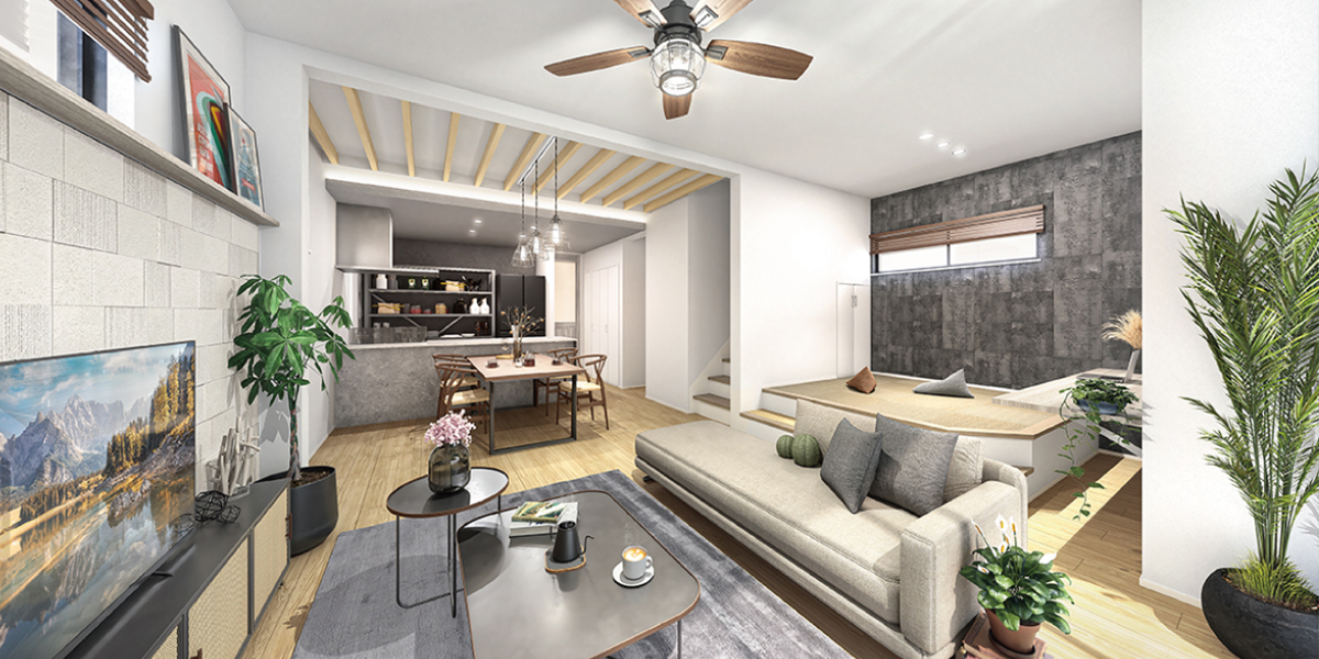 林家三平/ジャングル・ハウス・スリーガス FREAK'S HOUSE モデルハウス「板張りと勾配天井のリビングの2階